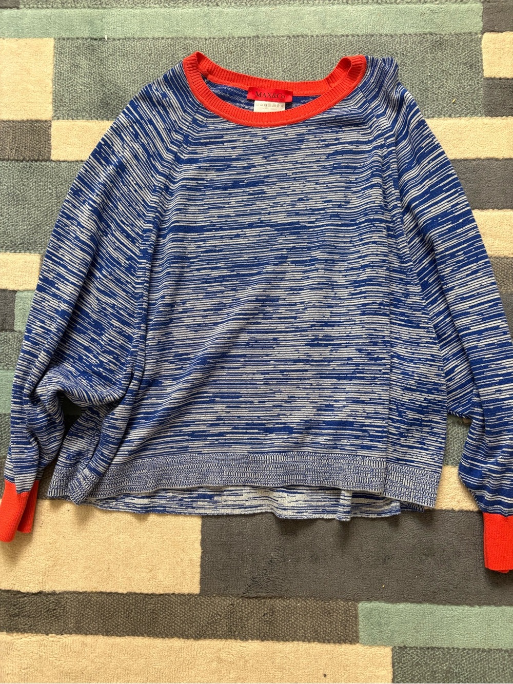 MaxMara Blue and White Marled Crewneck Sweater with Coral Trim
